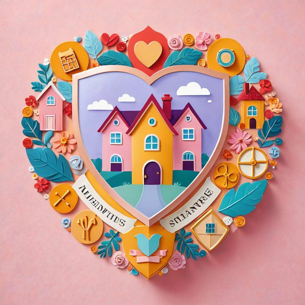 A heart-shaped shield symbolizing protection, with intertwined golden rings representing relationships in the center. Surrounding it are vibrant, colorful icons of houses, cars, and money to signify assets under a backdrop of soft pastel colors depicting a passionate world. The scene conveys warmth, trust, and security. romantic illustration. vibrant colors. soft focus.