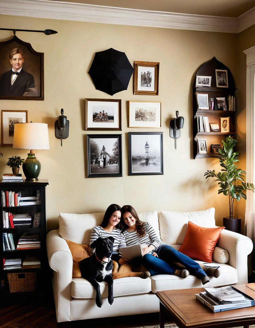 A warm home interior showcasing a loving couple surrounded by their valuables, such as family photos, a pet, and financial documents. Include symbols of protection like an umbrella and a shield subtly integrated into the scene. The atmosphere should evoke security and love, highlighting the importance of safeguarding assets and relationships. Soft lighting enhances the cozy ambiance. super-realistic. vibrant colors. warm tones.