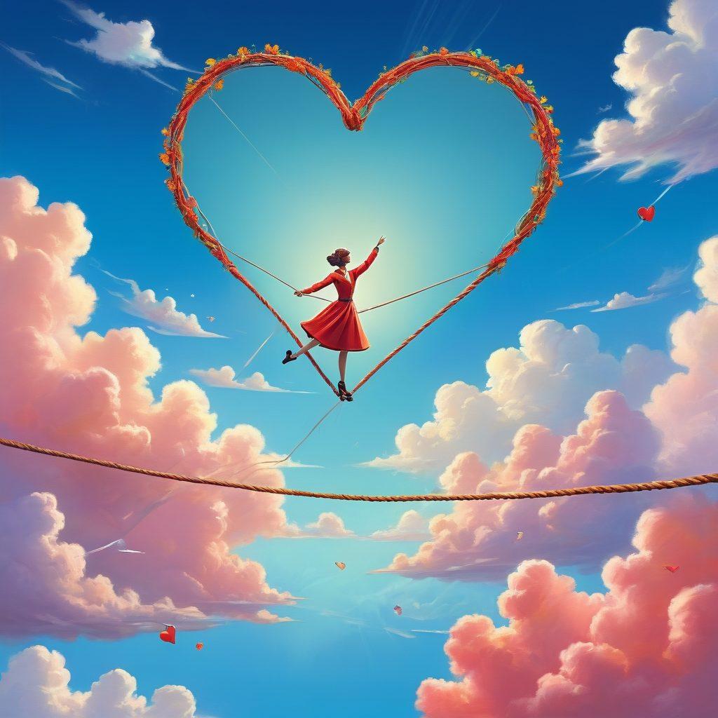 A whimsical illustration of a tightrope walker navigating a heart-shaped rope, symbolizing the balance between romance and risk. Below the performer, colorful insurance policies and playful hearts float, showcasing various aspects of intimate connections. The background features soft clouds and a bright blue sky, enhancing the light and adventurous feel. A couple watches from the side, embodying love and support. vibrant colors. cartoonish style.
